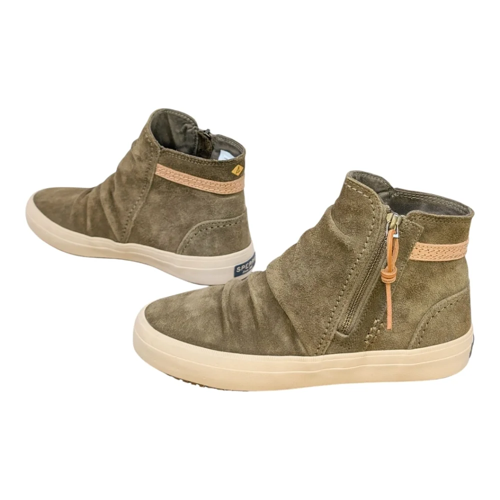 Sperry Suede Leather Ankle Booties Olive Army Green Zipper Women's 7